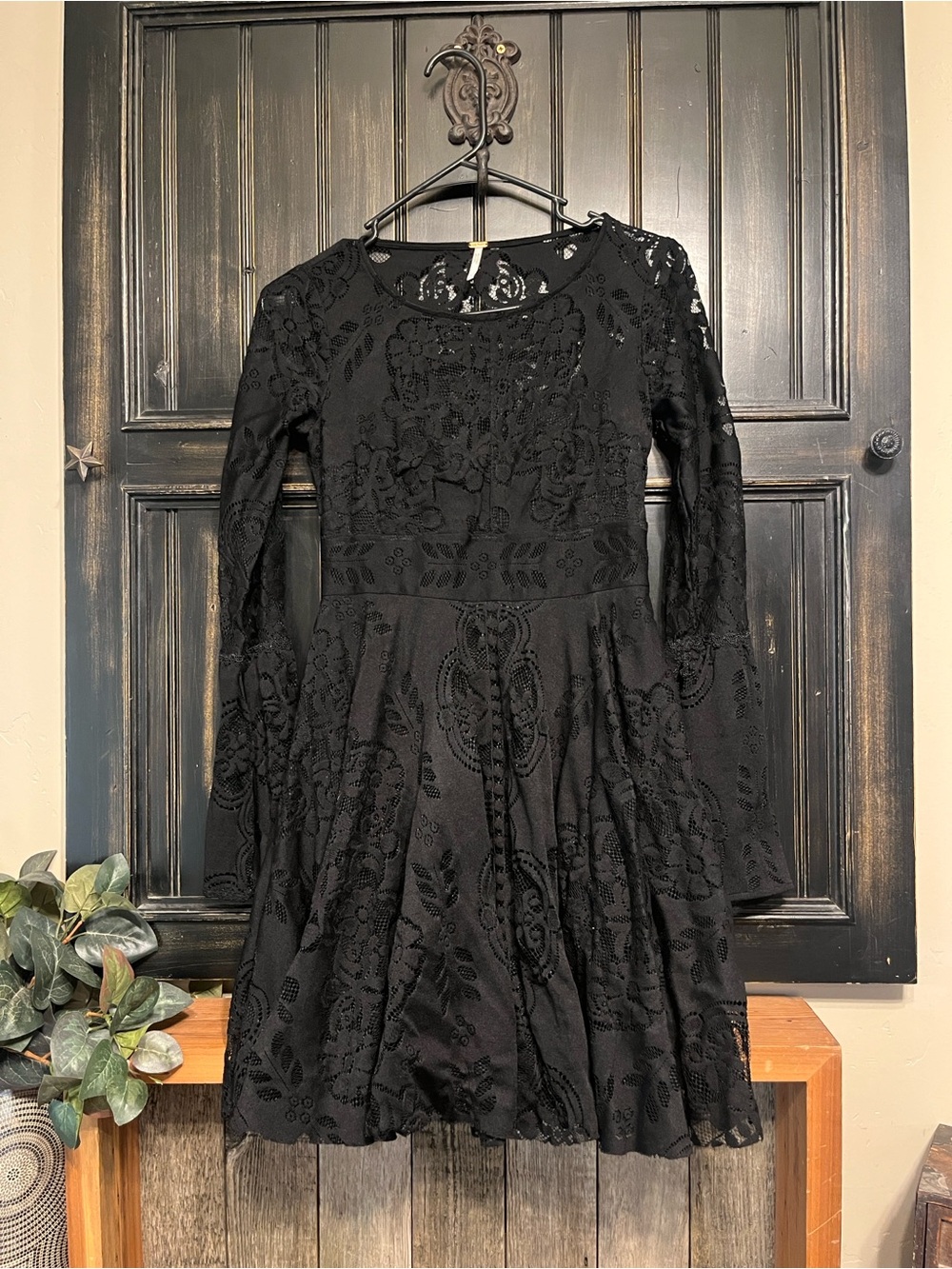 Free People Black Lace Long-Sleeve Fit & Flare Dress